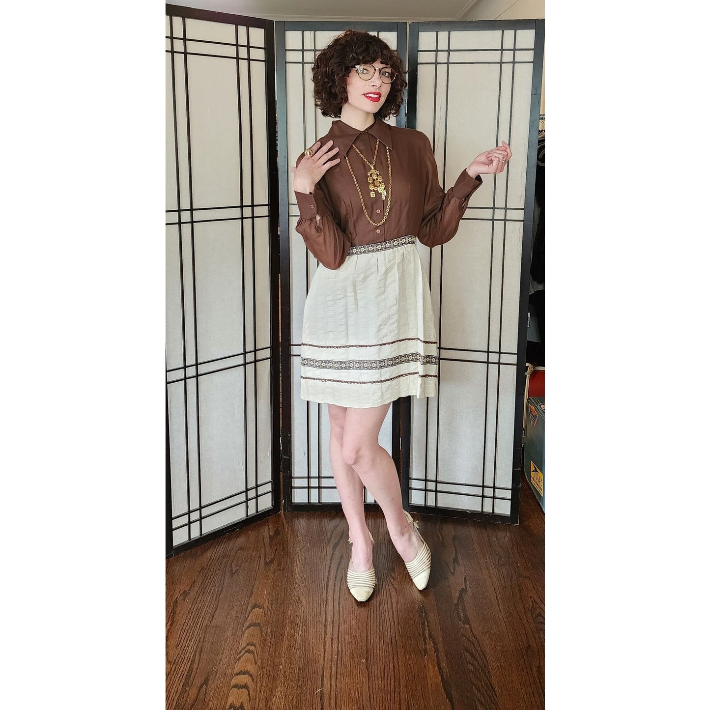 Vintage 60s Day Dress Brown Cream Long Sleeved