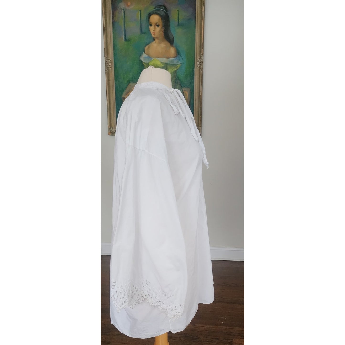 Antique Edwardian Poet's Blouse White Cotton Tunic Shirt w/ Embroidered Crochet Lace Sash Tie