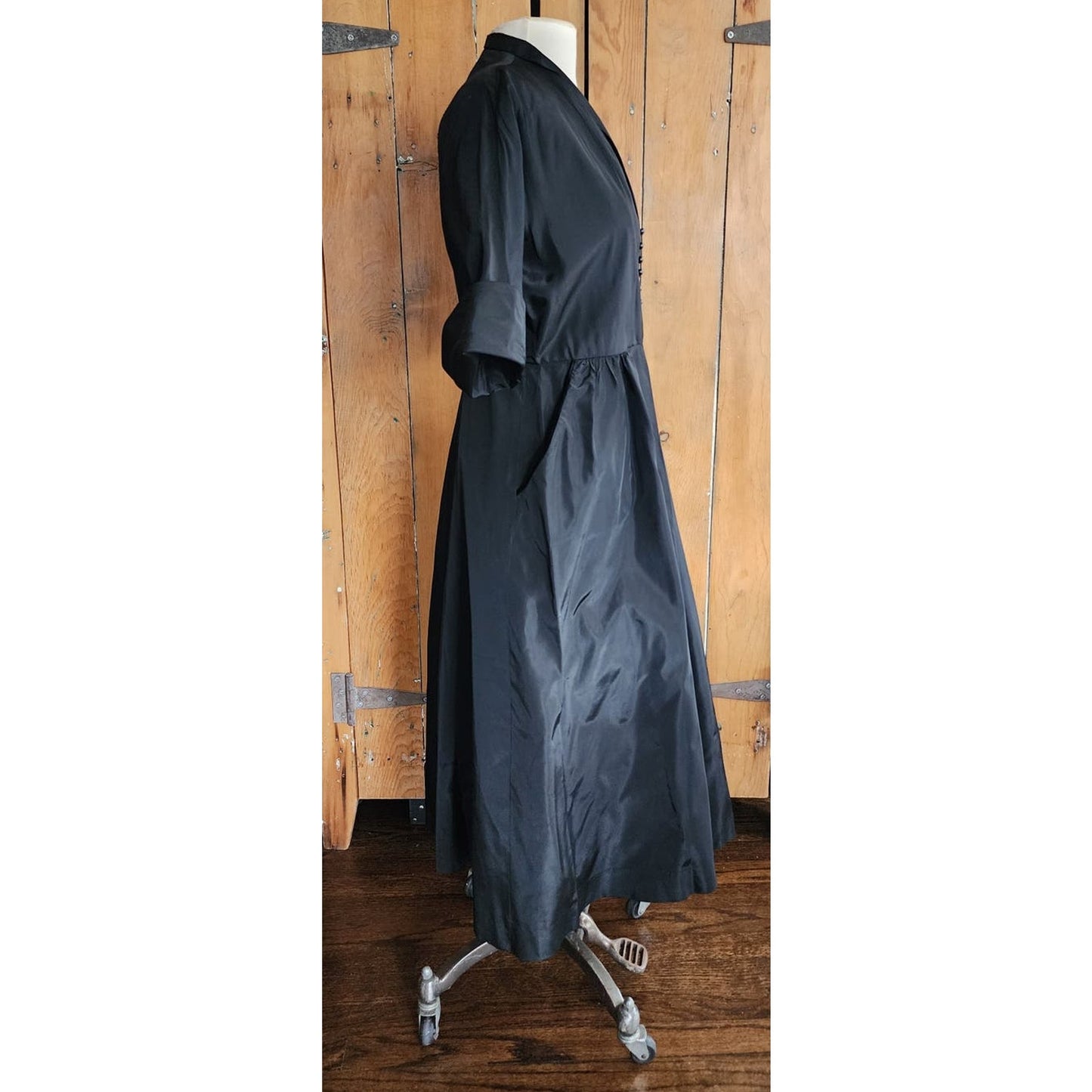 1950s Black Satin Shirt Dress Short Sleeves