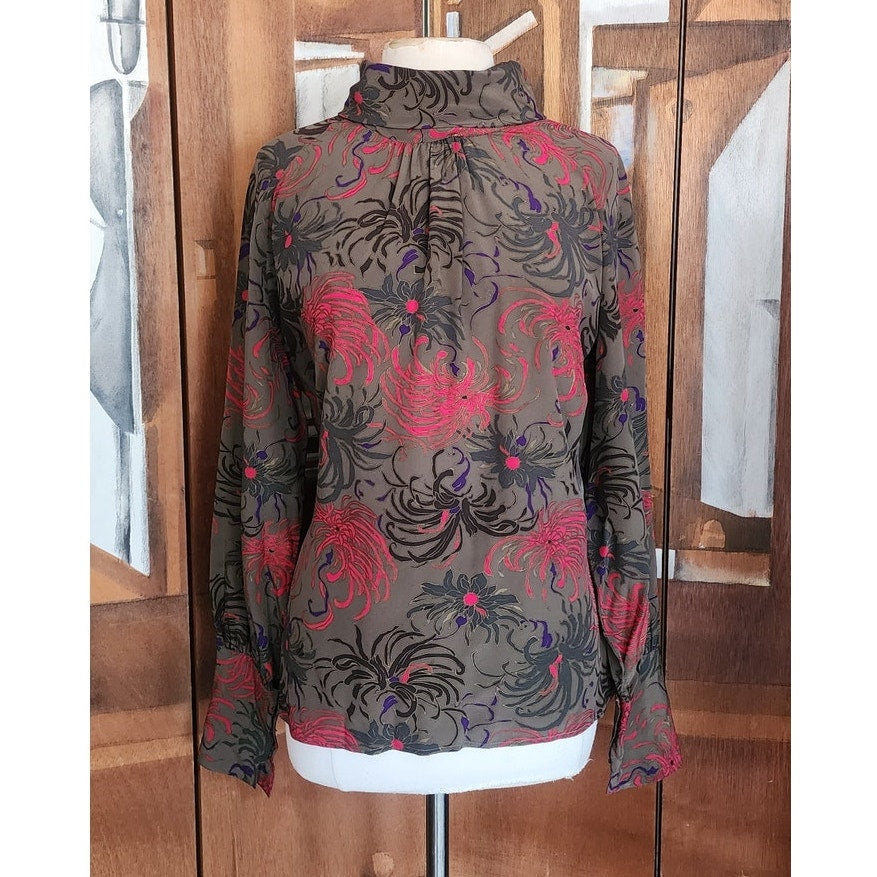 Vintage 80s CHLOE LAGERFELD Blouse Dark Floral Silk Blouse High Neck Long Sleeve