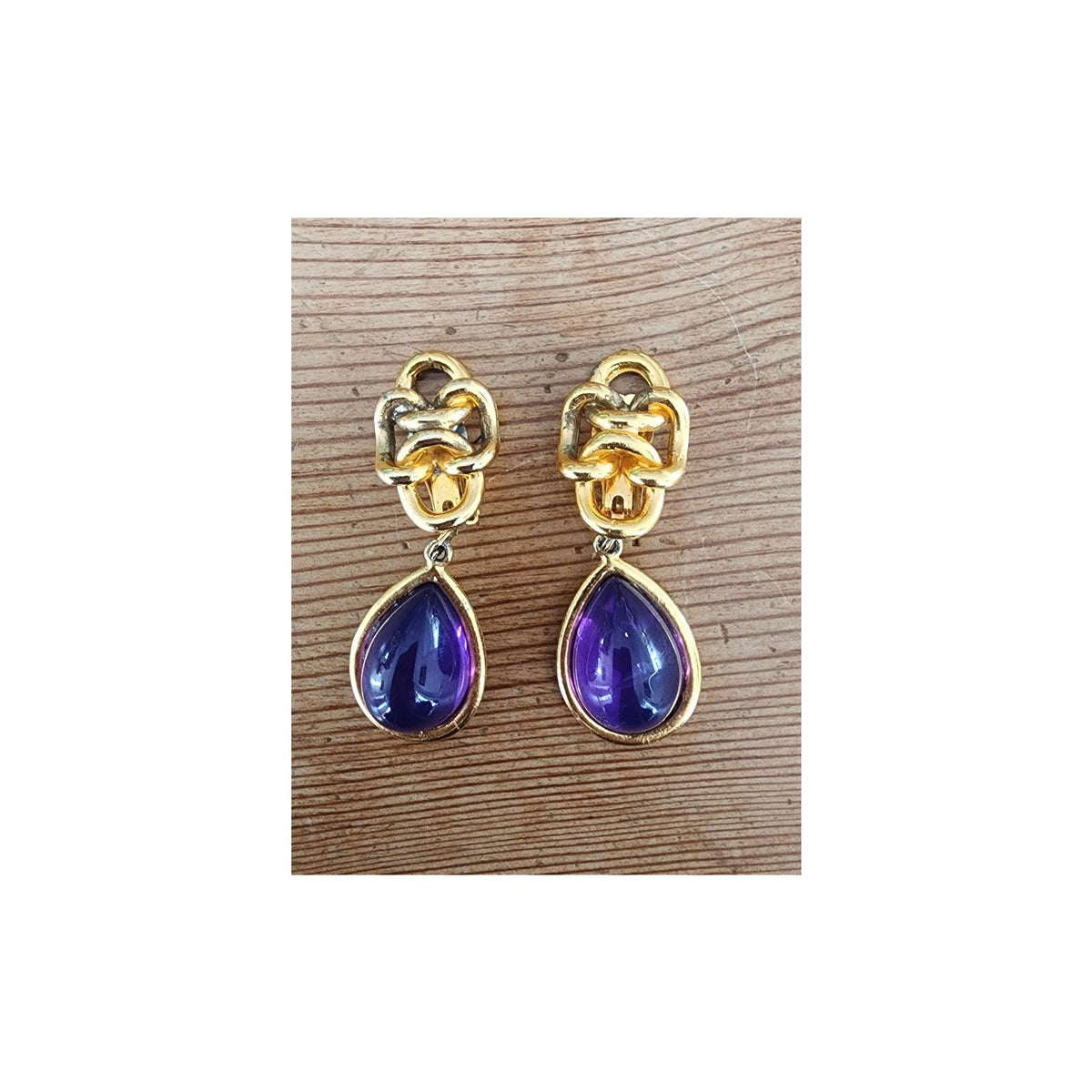 Vintage 1980s Clip Earrings Gold Purple Teardrop Etruscan Revival Chunky Oversized