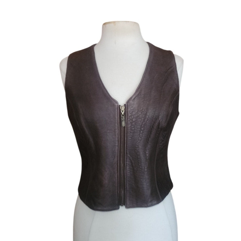 Vintage 1990s Brown Leather Vest Zip Front Karen Kane Vest Fitted Leather Minimalist