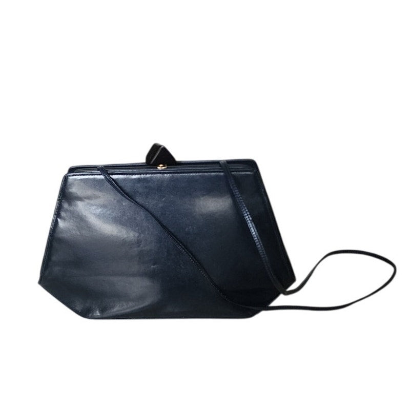 Vintage 80s Art Deco Purse Shoulder Bag / Clutch Navy Blue Leather Jay Herbert