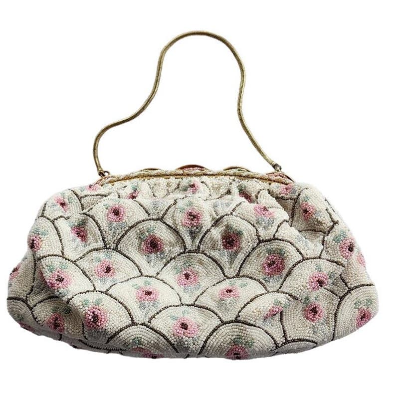 Vintage 50s Beaded Handbag Michel Swiss White Pastel French Purse Microbeading