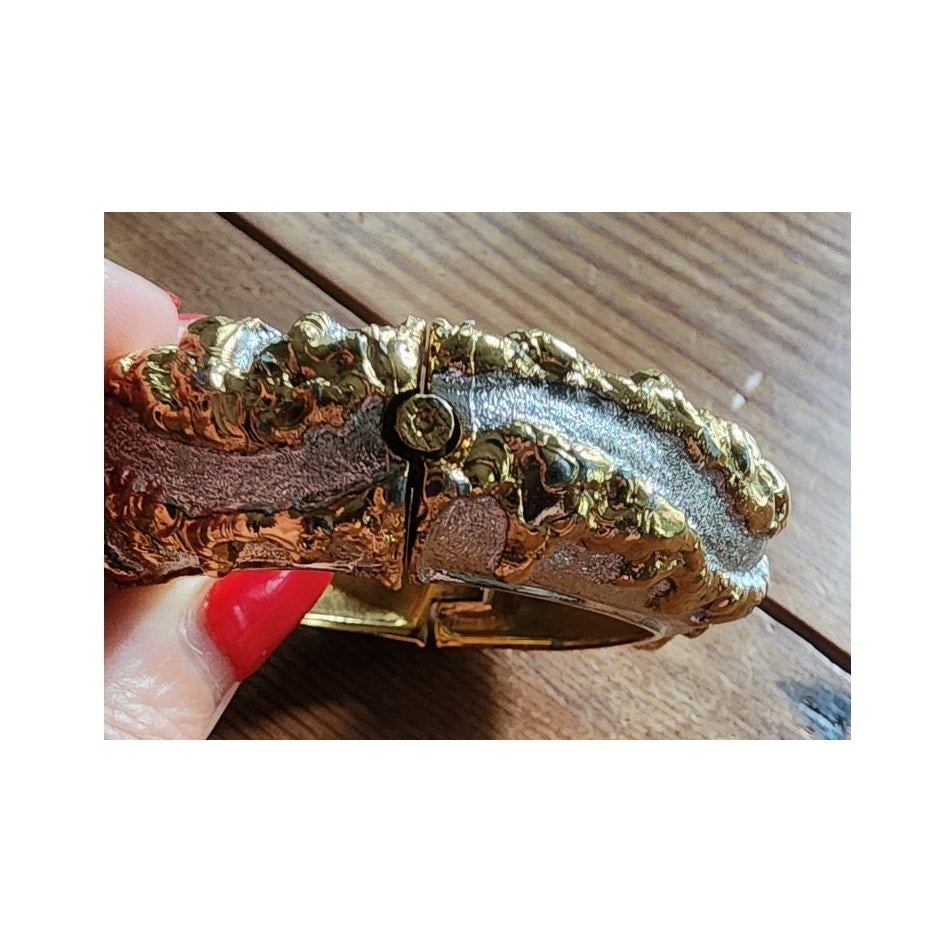 Vintage 70s Jomaz Bracelet Joseph Mazer Sculptural Brutalist Two Tone Gilt Clamper Bangle
