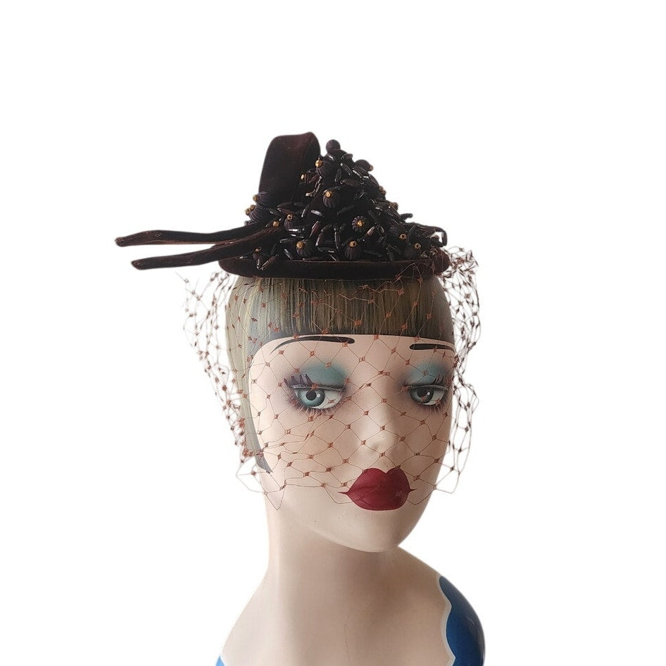 Vintage 1950s Hat Chanda Brown Beaded Velvet Asymmetrical Fascinator Bonwit Teller