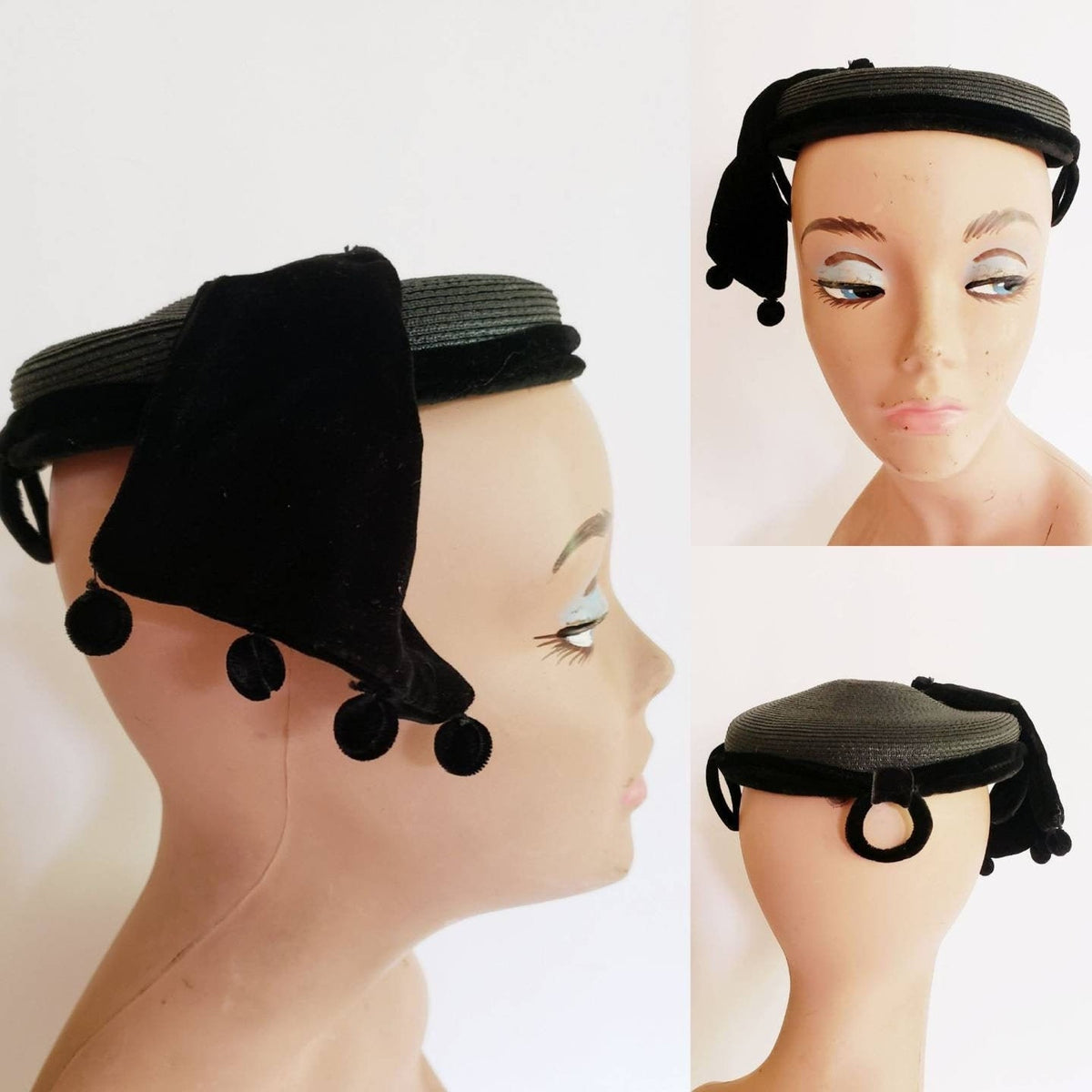 Vintage 1950s Black Hat Fascinator Modernist Avant Garde Cocktail Beanie Hat Pom-Pom Fringe Yeagers Akron Ohio
