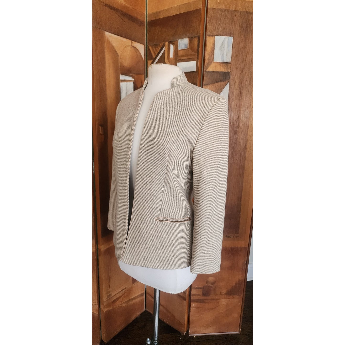 Vintage 1970s Bally Blazer Beige Wool Band Collar Jacket Medium