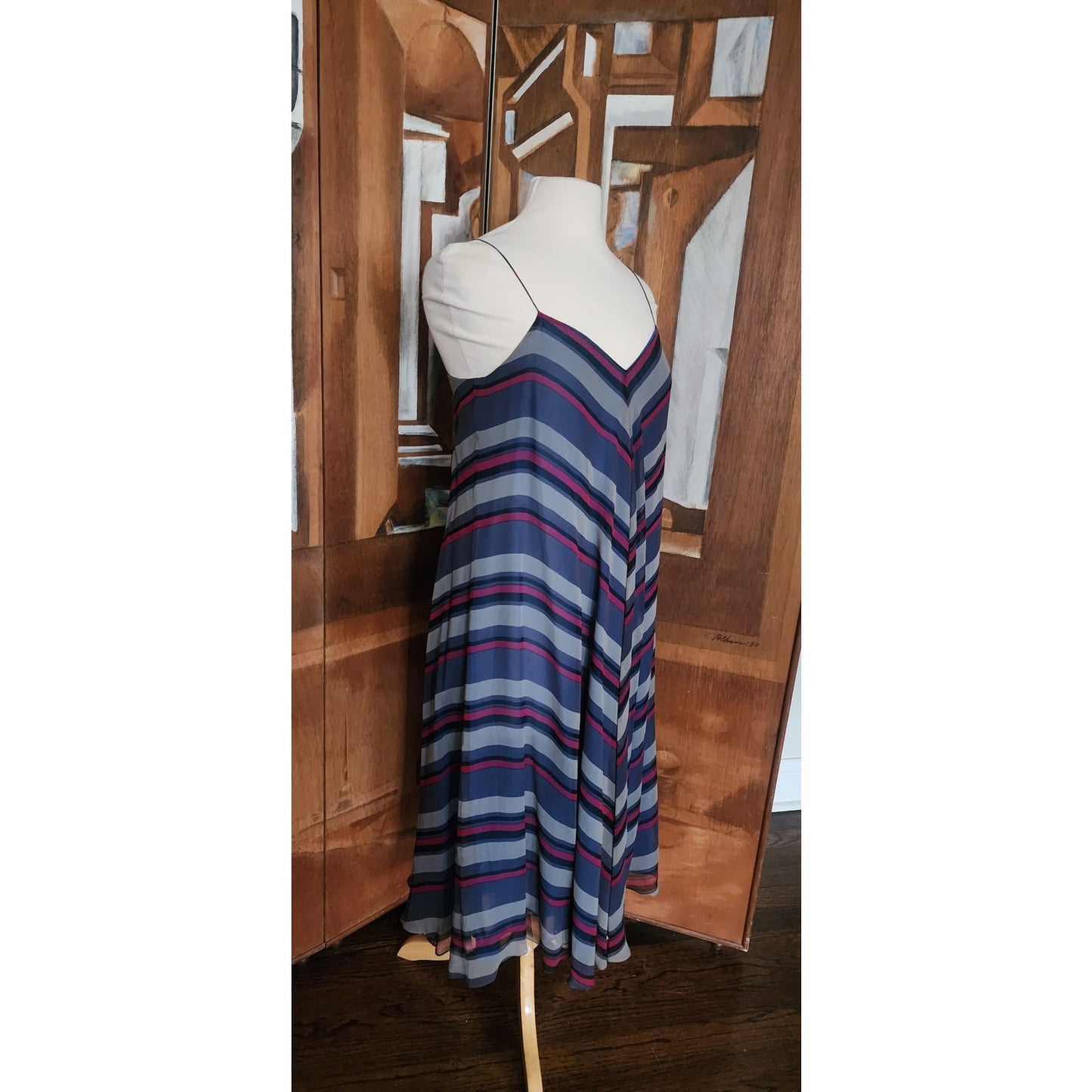 Vintage 70s Chiffon Silk Sun Dress Chevron Stripe Charlotte Ford Spaghetti Strap