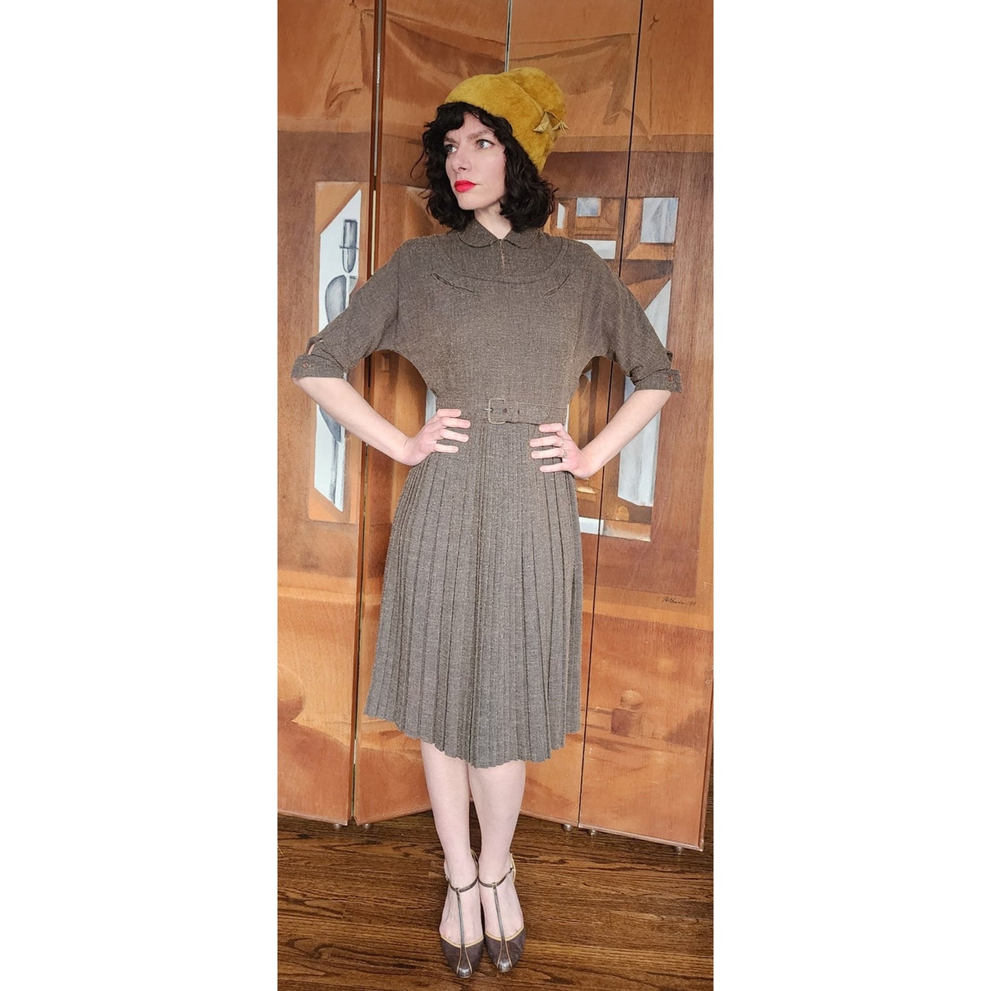 Vintage 40s Day Dress Textured Belted Brown Olive Green Kabro of Houston