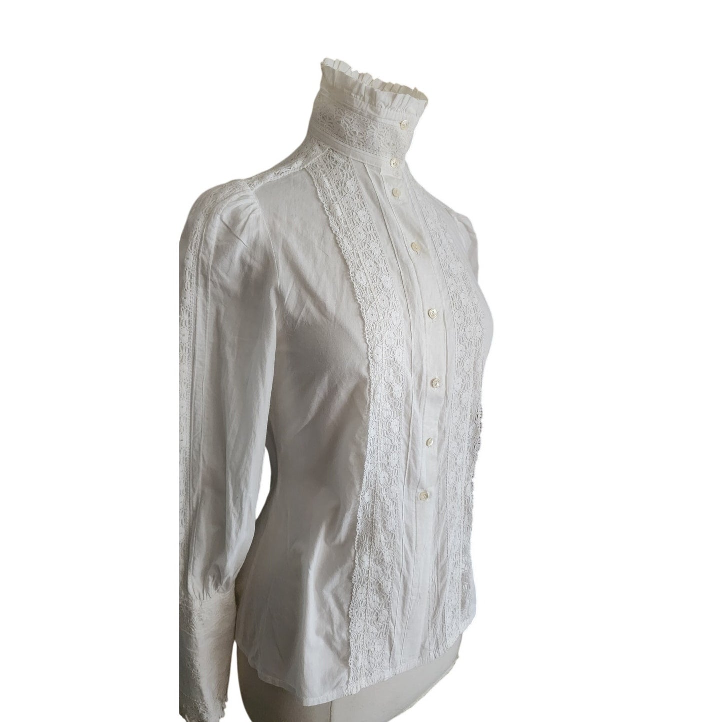Vintage 80s LAURA ASHLEY White Ruffled Front Blouse Crochet Lace Button Down Shirt High Neckline
