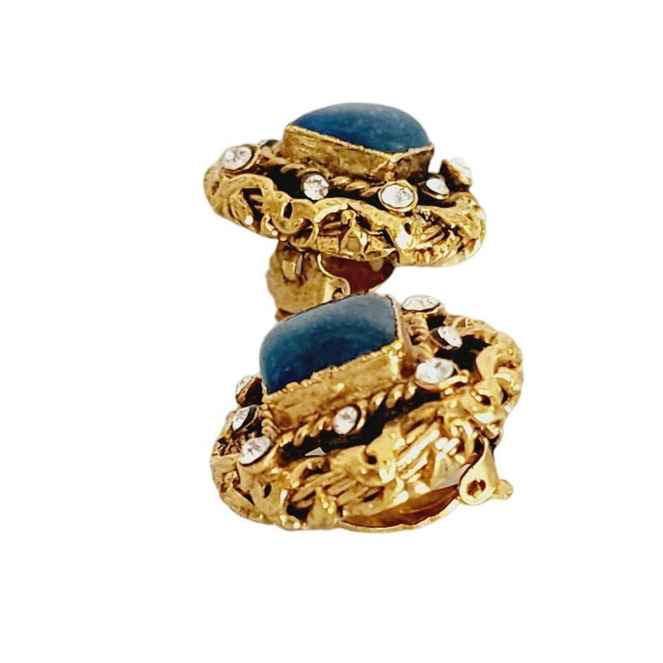 Vintage 90s Chanel Earring Clips Gripoix Blue Glass Byzantine Style A 96