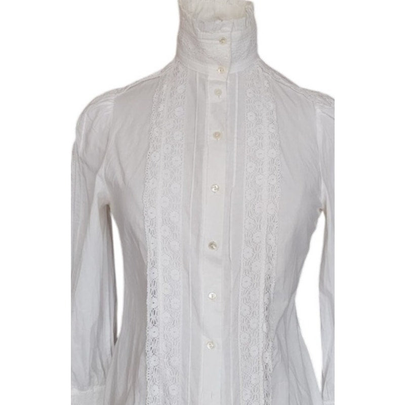 Vintage 80s LAURA ASHLEY White Ruffled Front Blouse Crochet Lace Button Down Shirt High Neckline