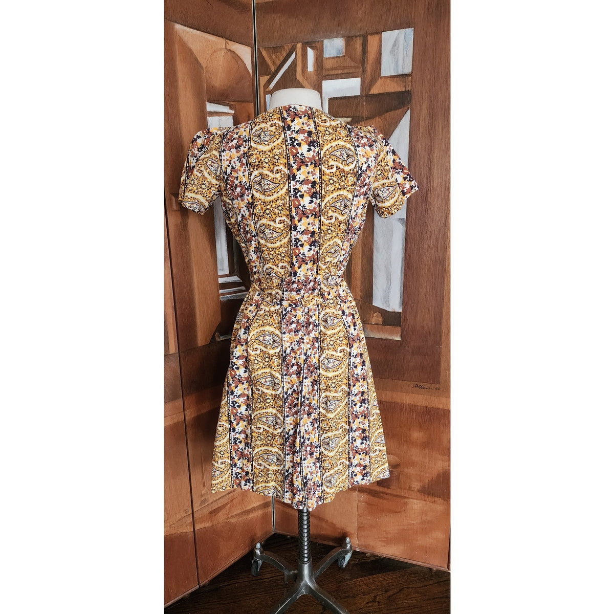 Vintage 1950s Day Dress Yellow Cotton Print Paisley Shirtdress Short Sleeve / M