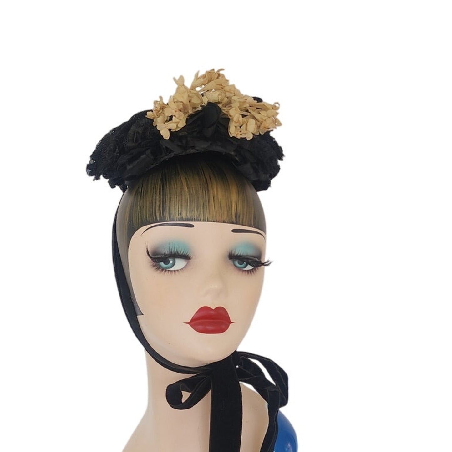 Antique Victorian Hat Black Satin w/Cream Silk Flowers