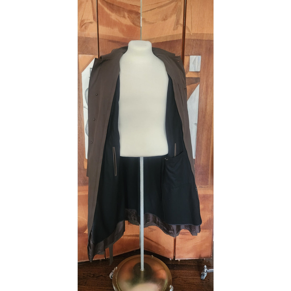 Vintage 1990s Ralph Lauren Mens Coat Brown Olive Green Trench Raincoat Large 40R