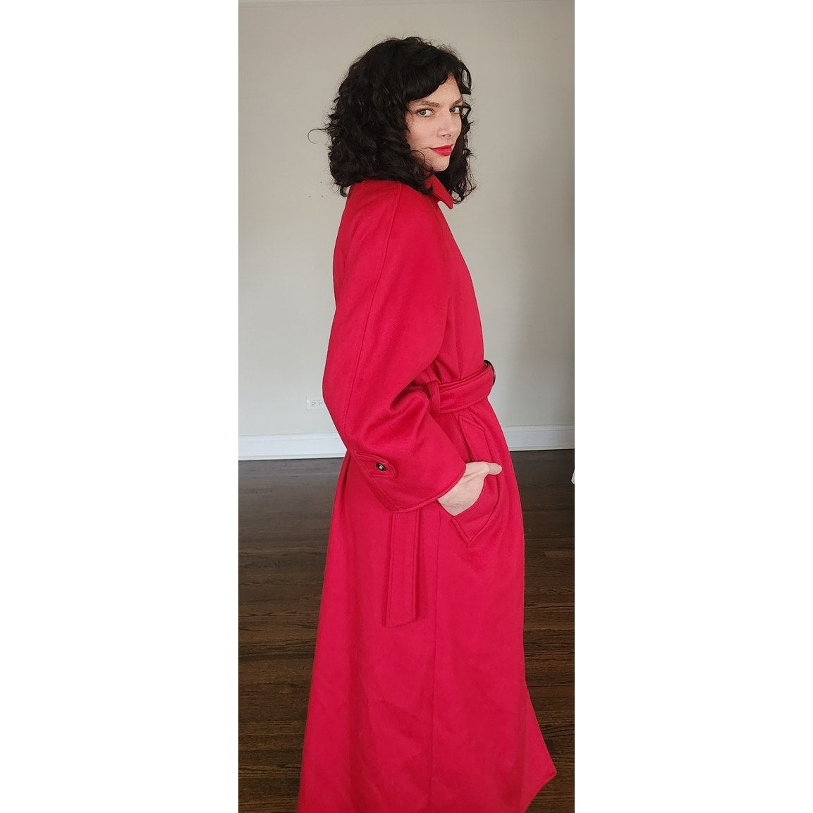 Vintage 1980s Red Wool Coat Long w/Belt Ramosport Paris