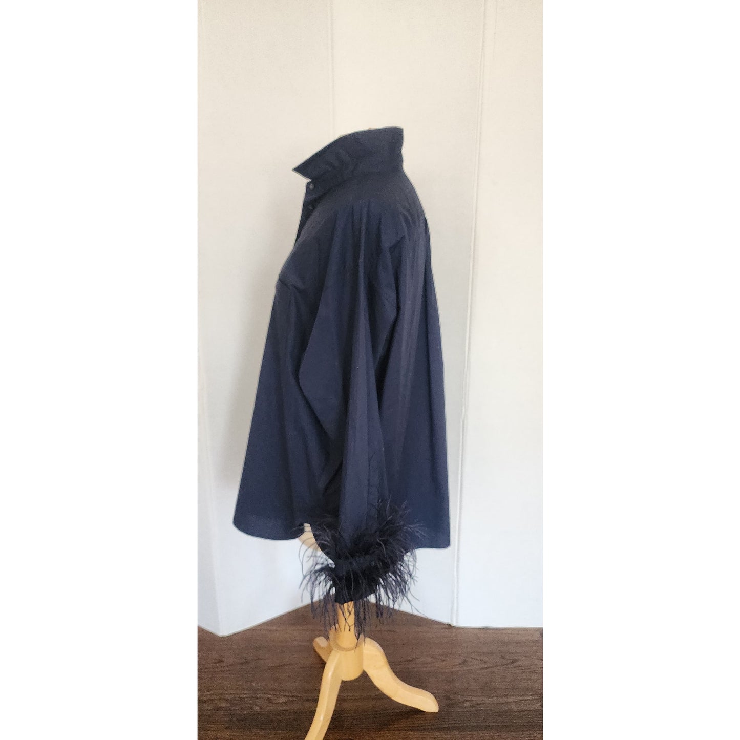 J CREW Navy Blue Cotton Shirt w/Feather Sleeve Cuffs Cotton Poplin Womens Large