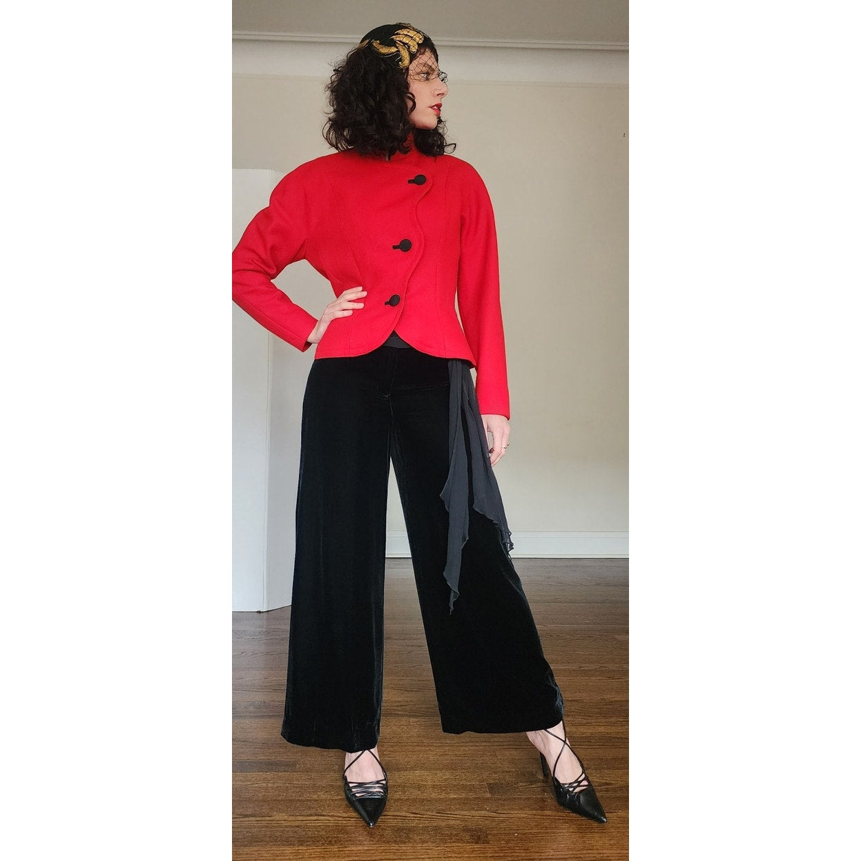 Vintage 2000s Wide Legged Pants Black Velvet w/Silk Tie Scarf Belt ITW Claude Brown / M