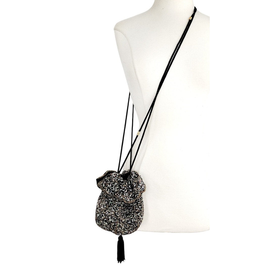 Vintaged Beaded Evening Blac Black Silk Drawstring Crossbody Purse