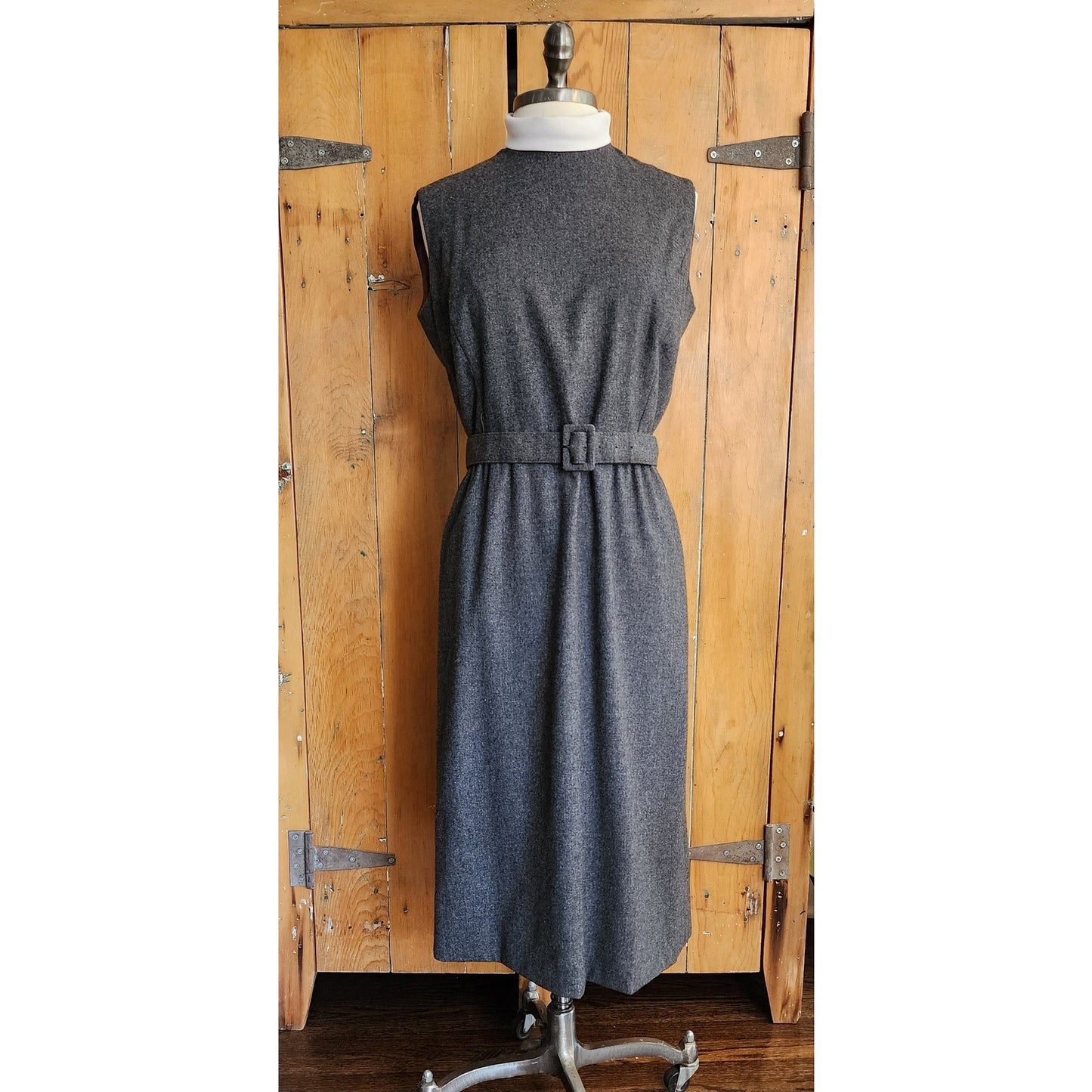 Vintage 60s Gray Wool Day Dress Belted Sleeveless Stephan Casuals