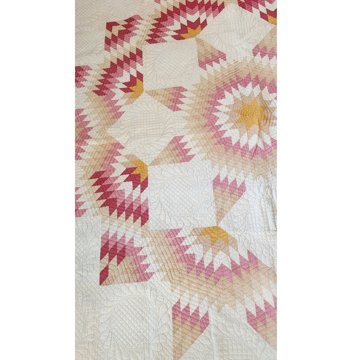 Antique American Quilt 1800s Broken Star Feather Wreath Hand-Quilted Cotton Pink Cheddar