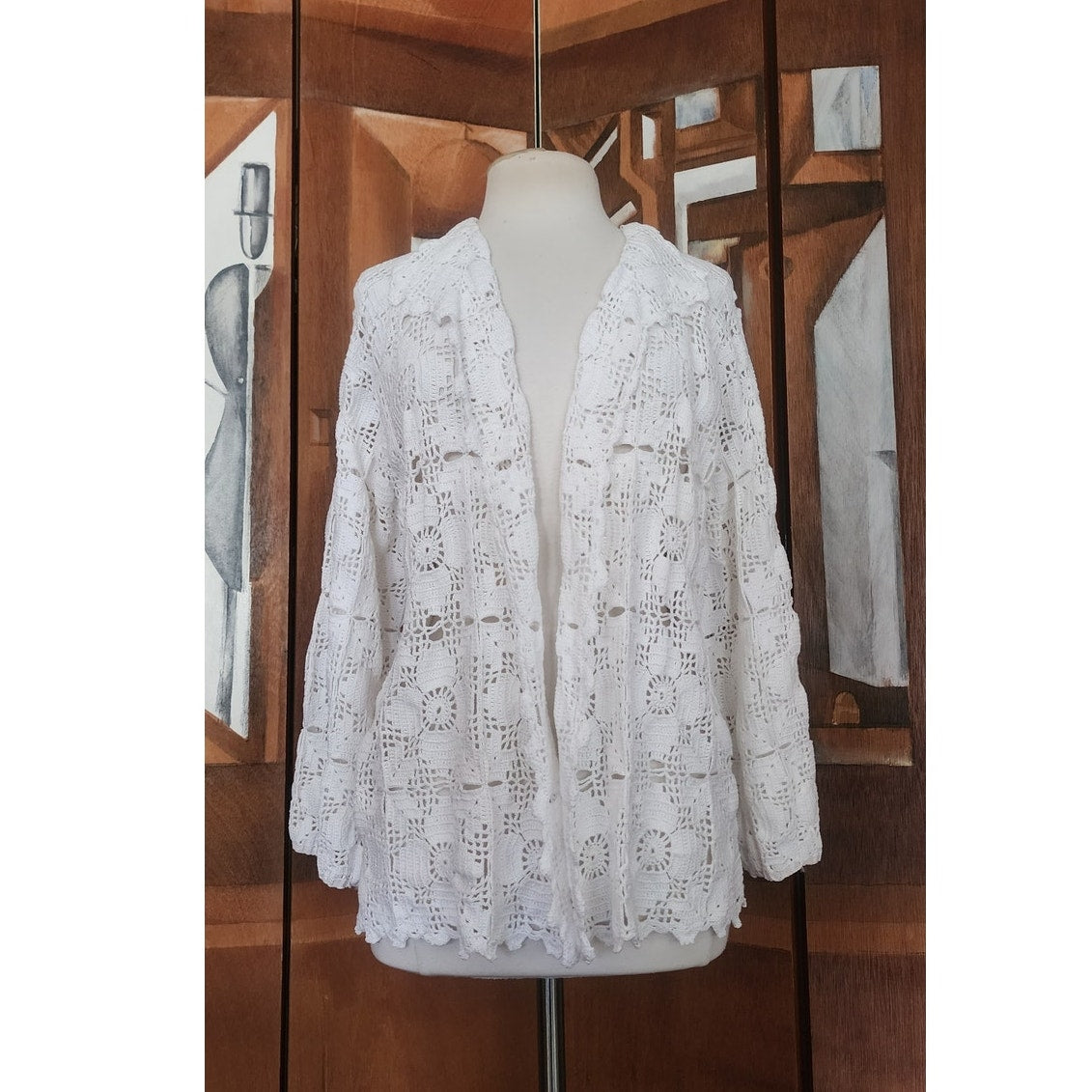 Vintage Crochet Blazer White Openwork Knit Cardigan Jacket w/Collar