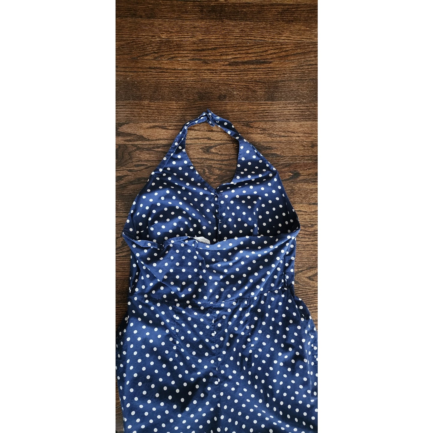 Vintage 70s Romper Polkadot Cotton Print Navy Blue White Halter Top Open Back Sz LARGE