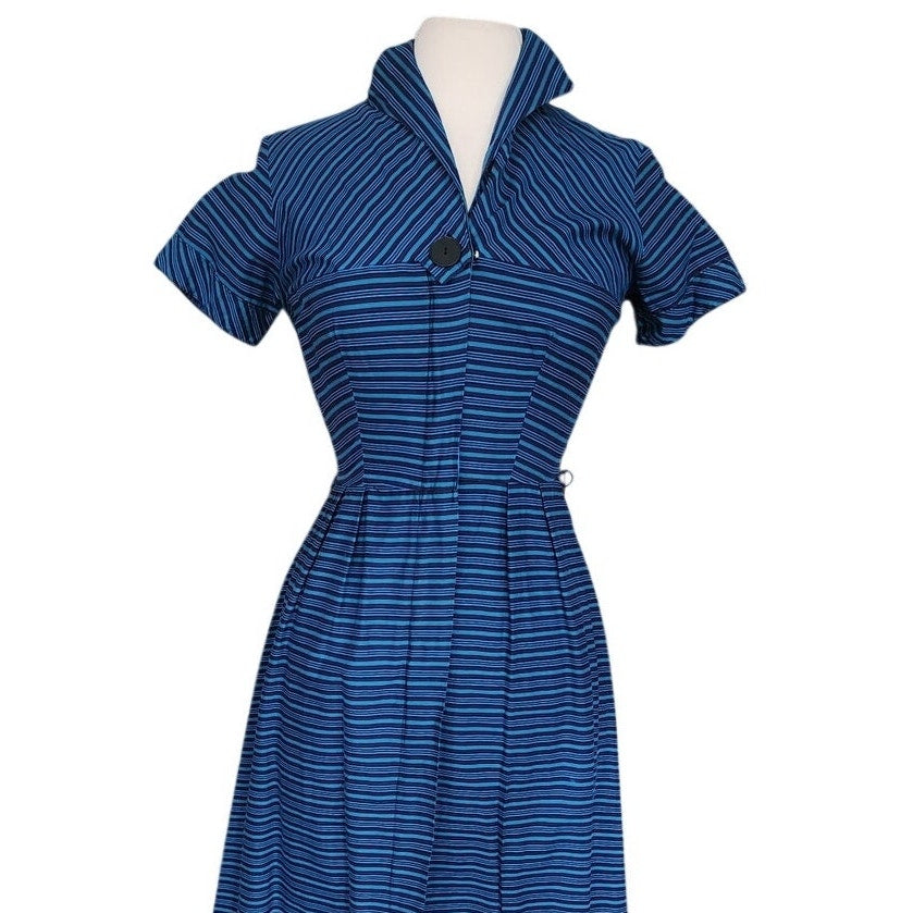 Vintage 50s Glenbury for Huntington Blue Striped Fit & Flare Day Dress