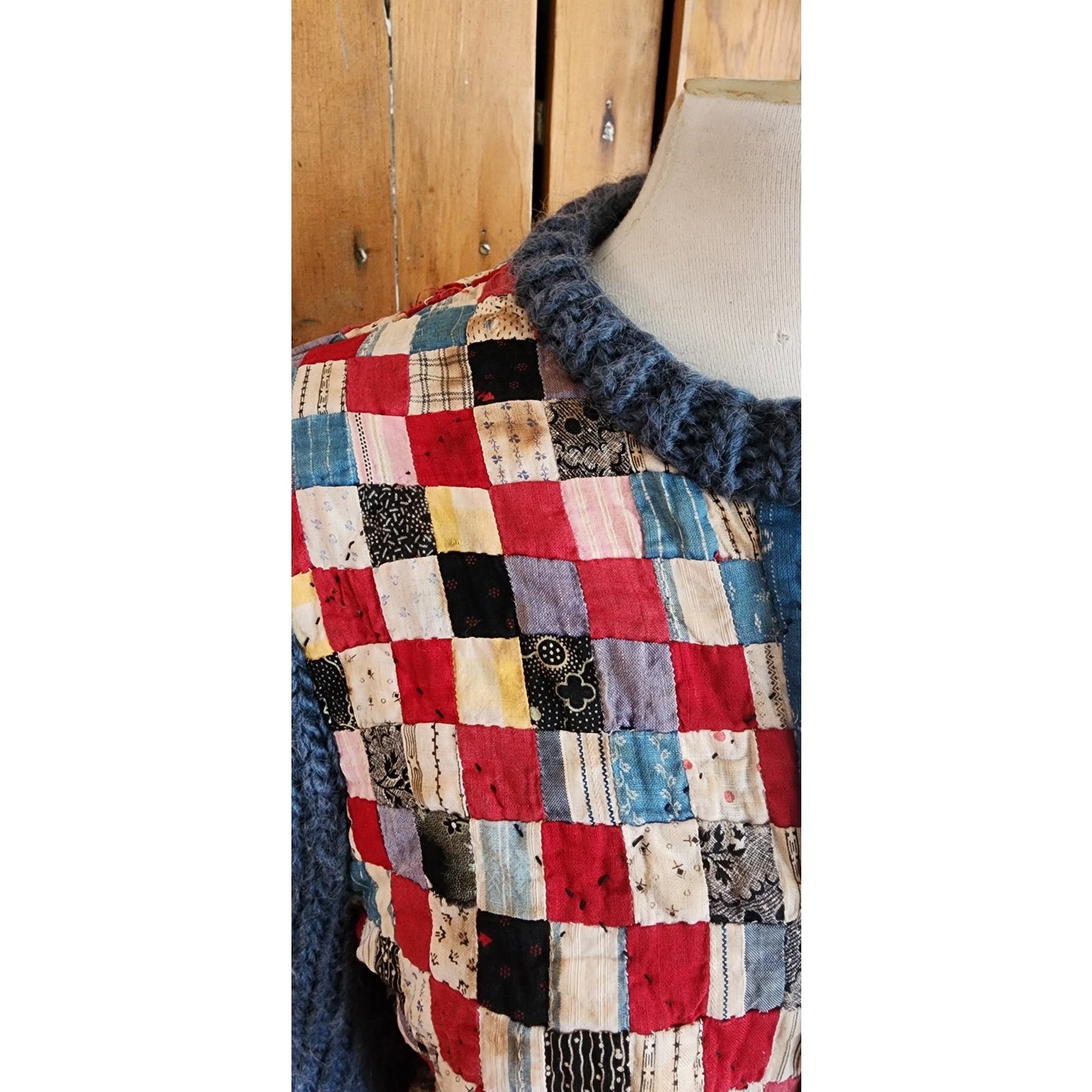 Vintage 70s Cardigan with Early 1900s Upcycled Quilt Patchwork