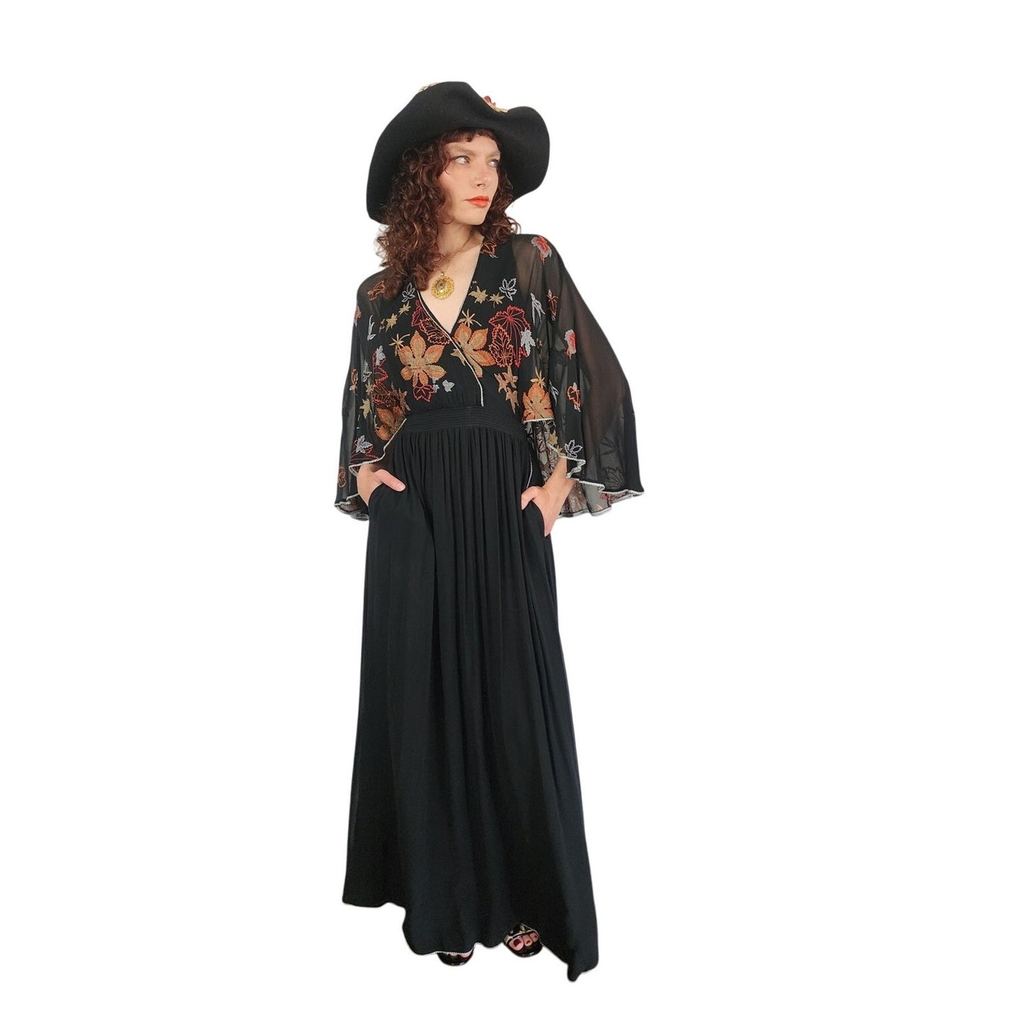 Vintage 1970s Janice Wainwright Dress Embroidered Black Maxi Butterfly Sleeves XS Tall