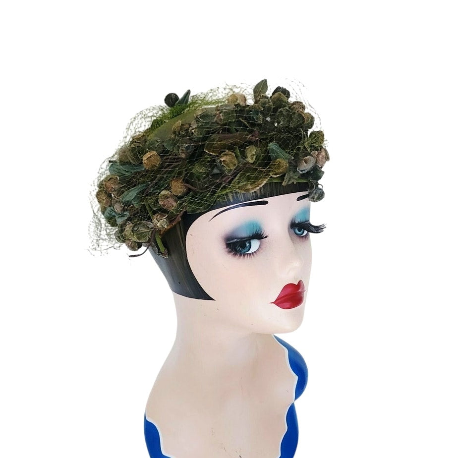 Vintage 1950s Green Hat Floral Fruit Crown Circlet Fascinator w/Veil by Chapette