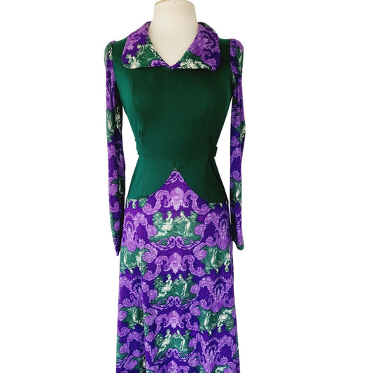 Vintage 70s Maxi Dress Purple French Toile Print & Hunter Green Jody California