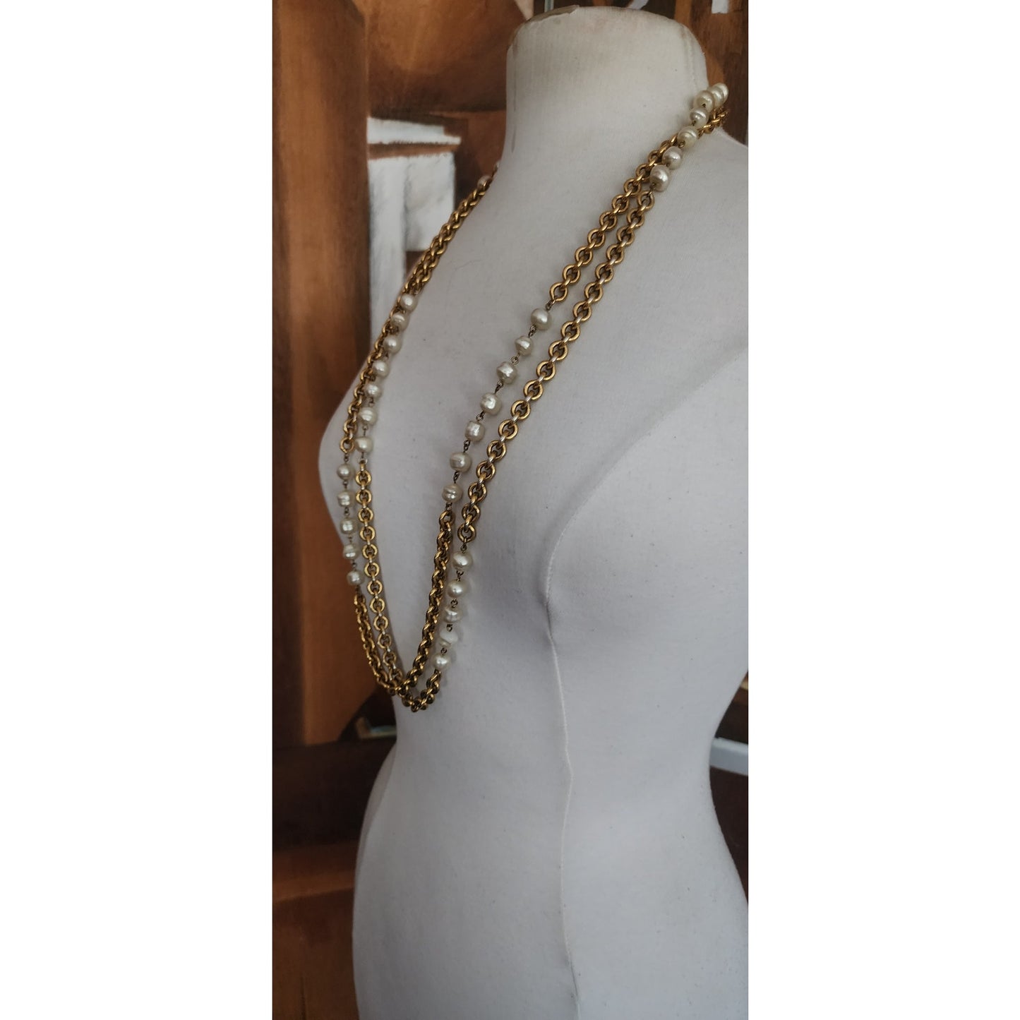 Vintage Chanel 1984 Necklace Double Strand Gold Chain Baroque Pearl Documented Runway Lagerfeld Era