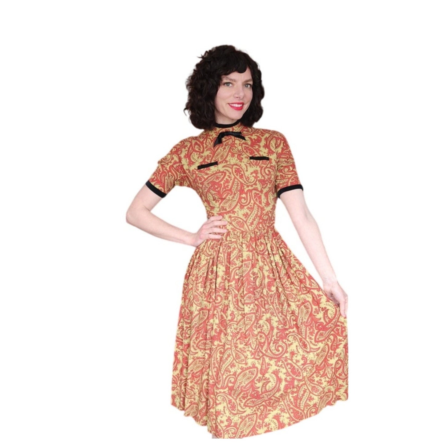 Vintage 50s Orange Paisley Print Midi Dress Carole King Junior Fashions / XS