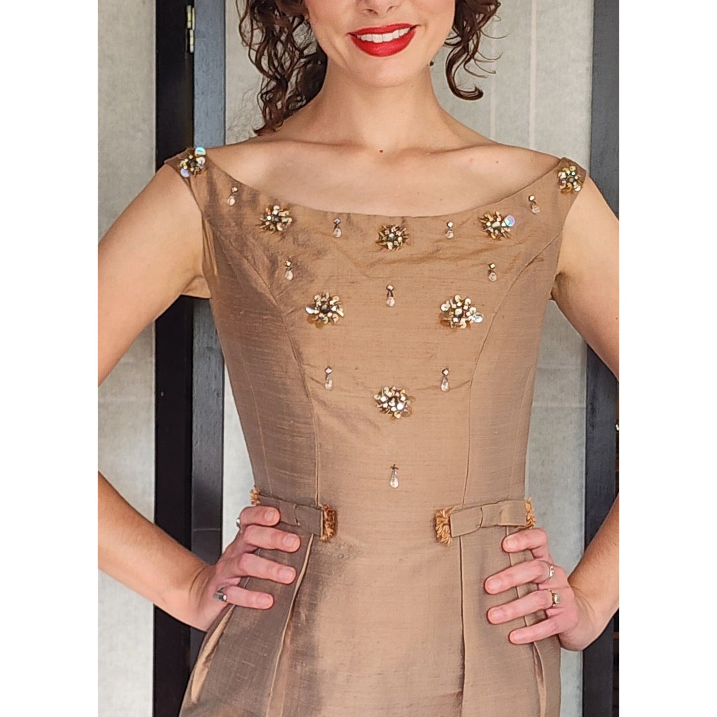 Vintage 50s Beige Silk Dress Suit w/Rhinestones