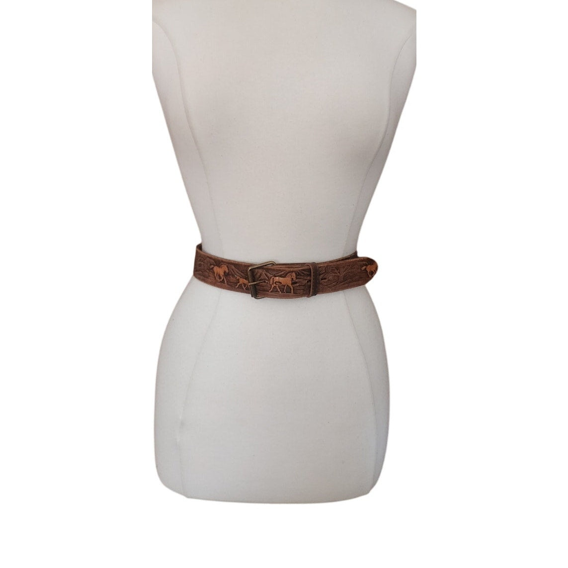 Vintage 1970s The Rowel Brown Belt Tooled Leather Horses Trees Cowboy Western