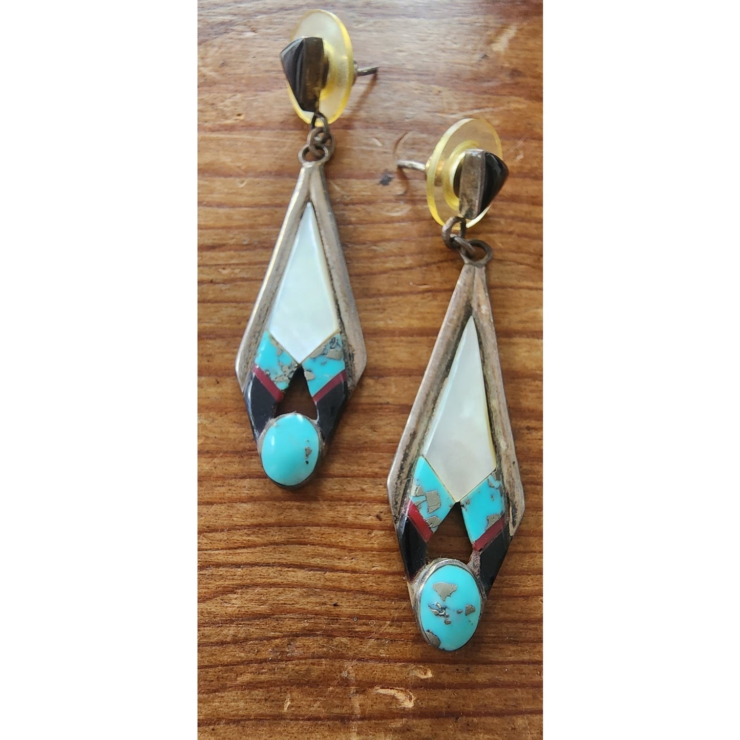 Vintage Navajo Earrings Russ Rockbridge Silver Turquoise Mother of Pearl