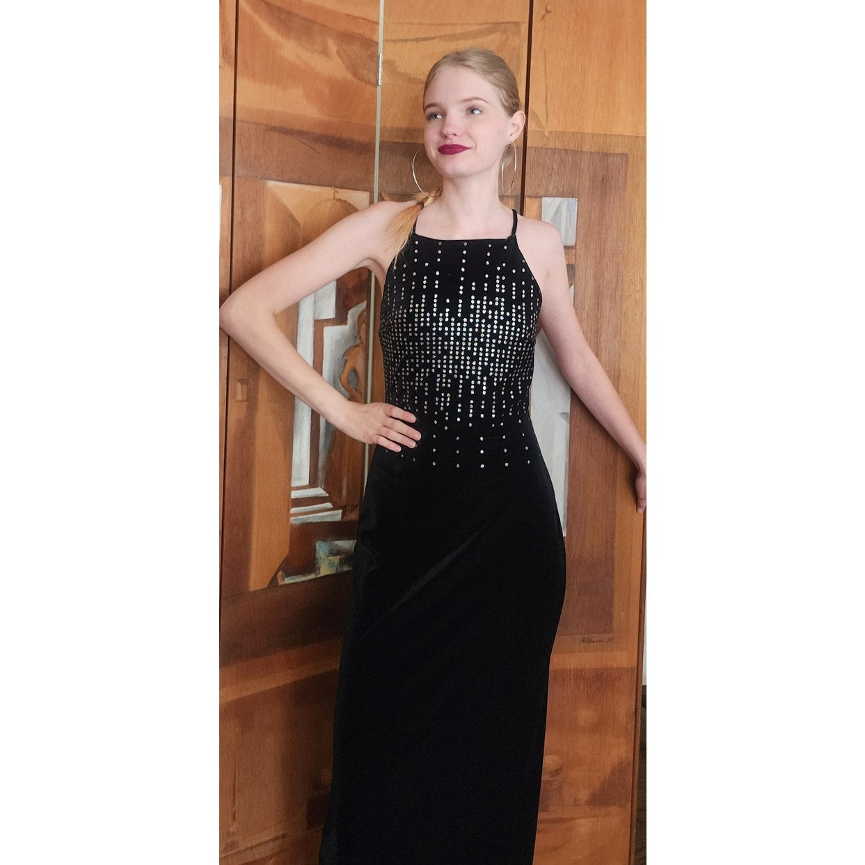 VTG 90s Y2K Aspeed Dress Black Velvet Rhinestone Studs Halter Maxi Gown Prom M
