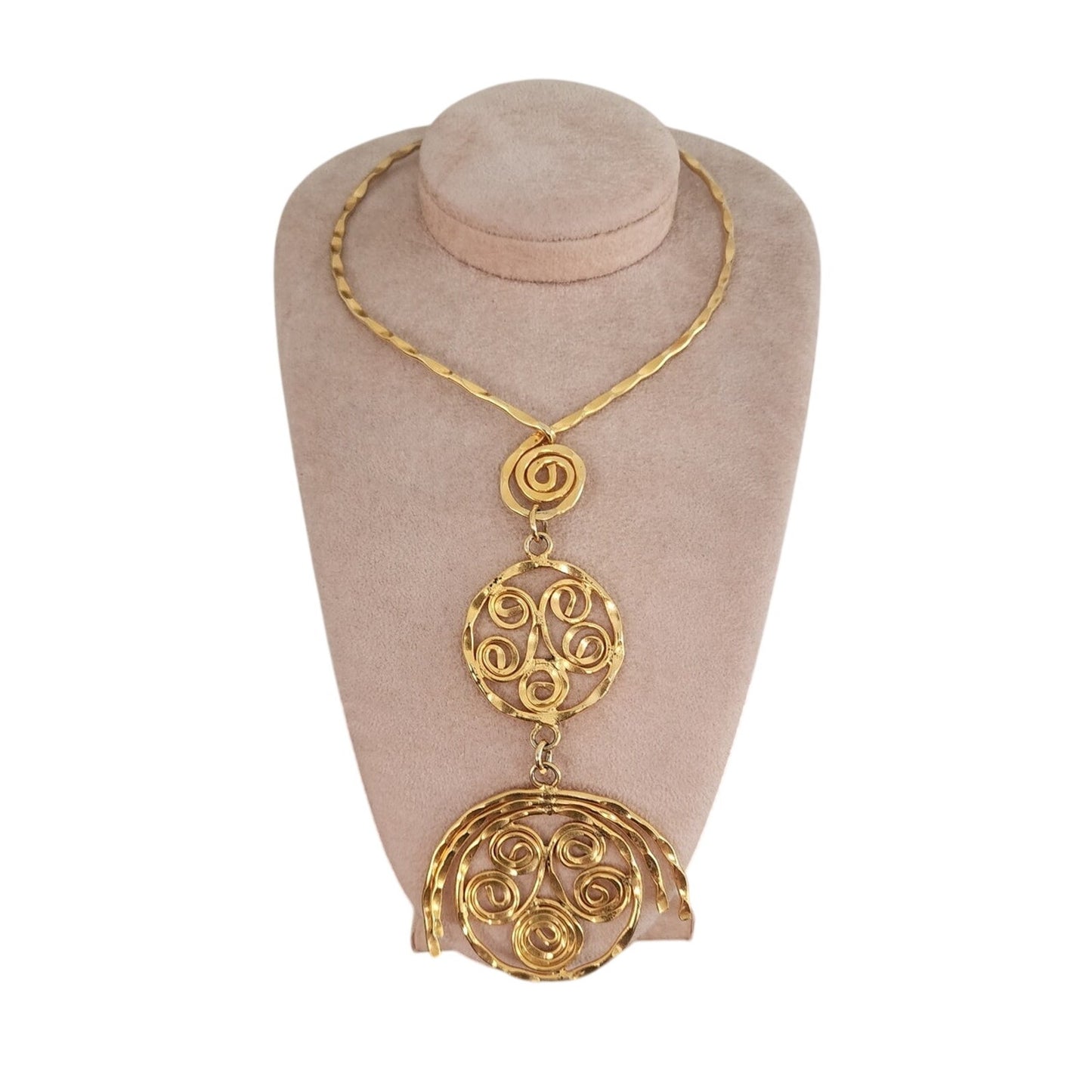 Vintage 70s Gold Necklace Spiral Disc Cascade Ancient Greek Style