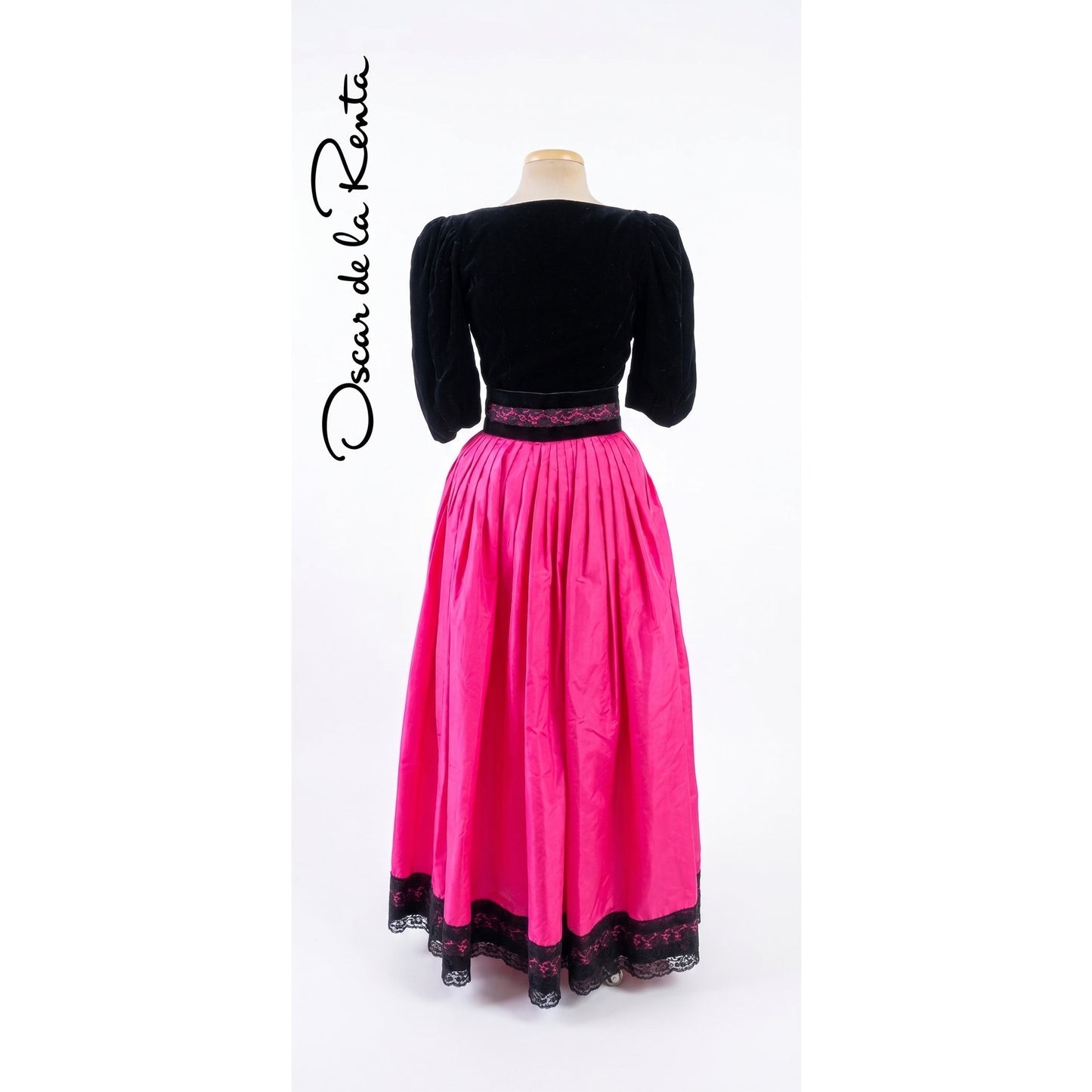 Vintage 1980s Oscar de la Renta Black Velvet Top Fuschia Pink Satin Maxi Skirt Set Miss O