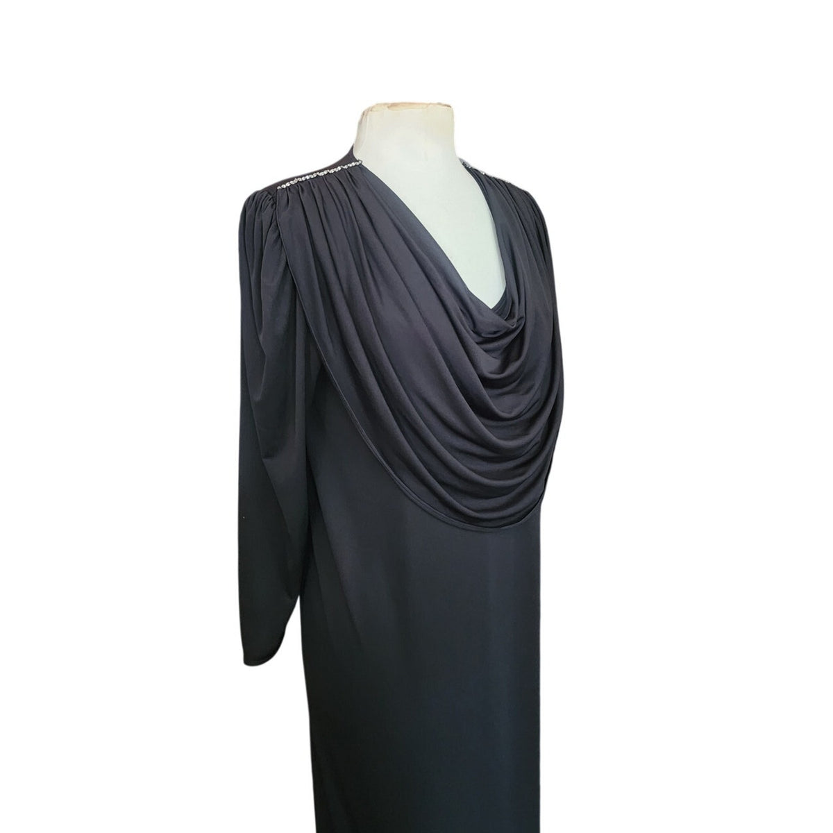Vintage 1980s Oscar de la Renta Evening Dress Black Liquid Jersey Rhinestones Cowl Neck M