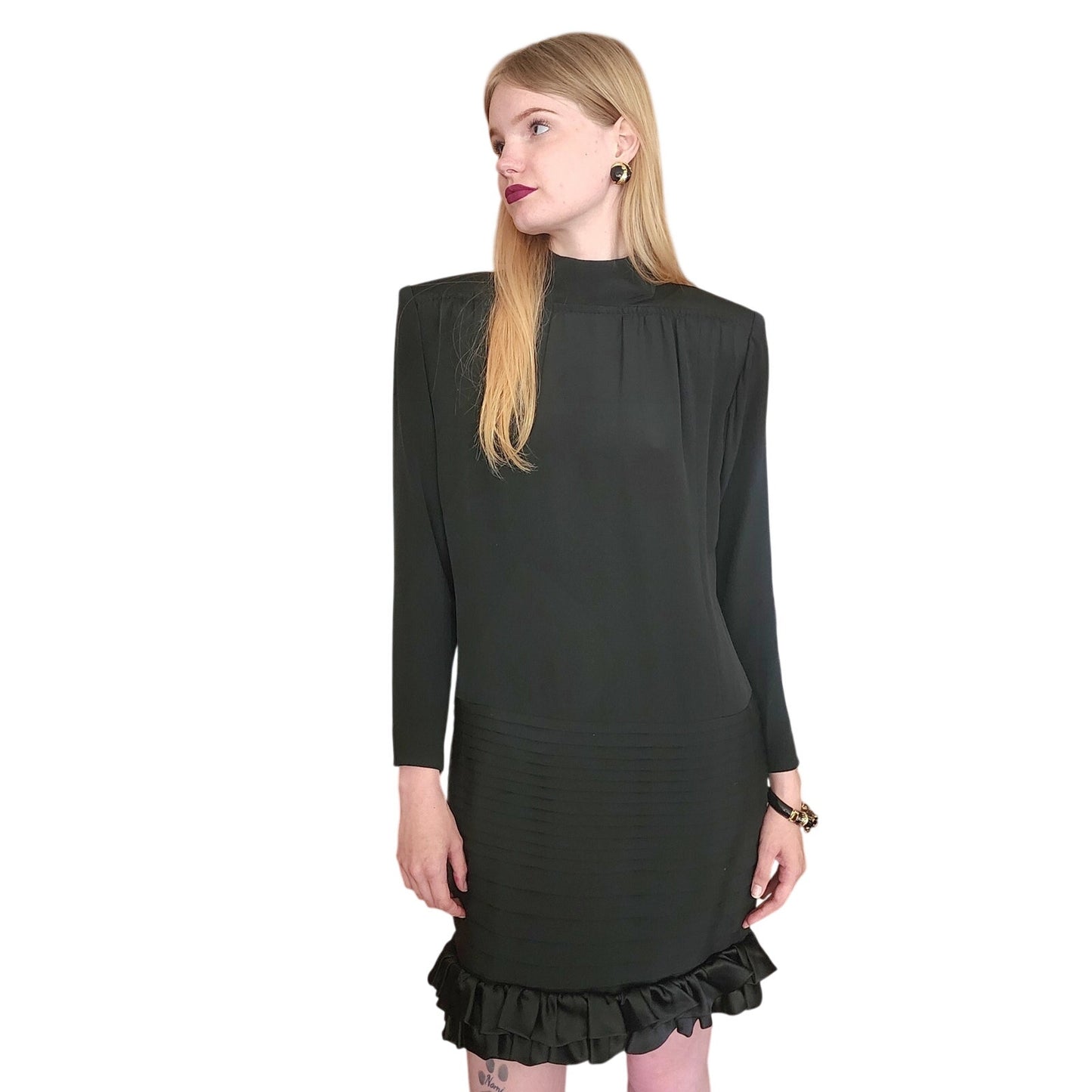 Vintage 1980s Galanos Dress Black Silk Crepe Mock Neck Pintuck Skirt Ruffle Hem