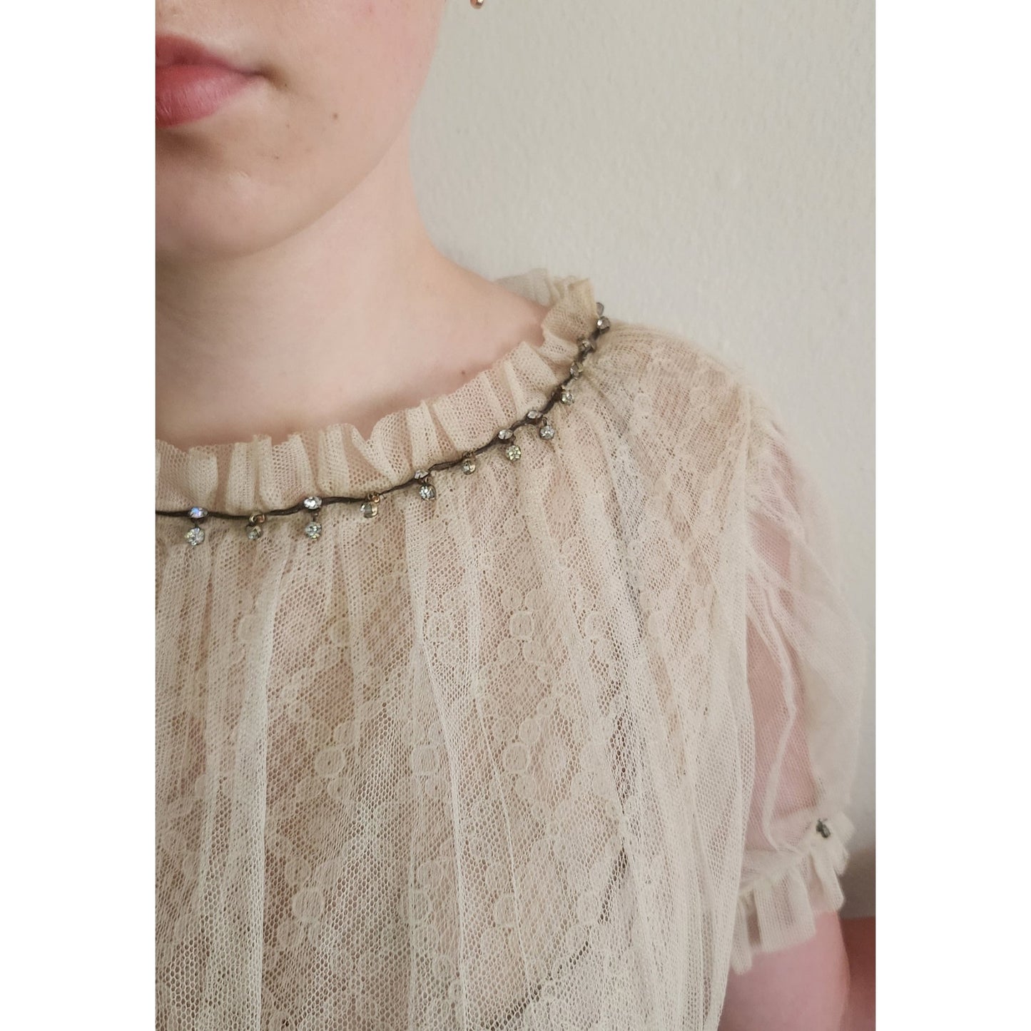 Vintage 1930s Cream Silk Dress Lace & Rhinestone Embroidery