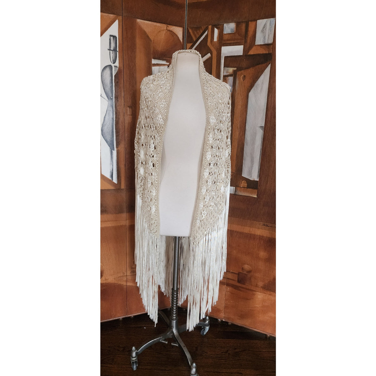 Vintage Cream Crochet Lace Piano Shawl Oversized Macrame Silk Ribbon Wrap Fringed