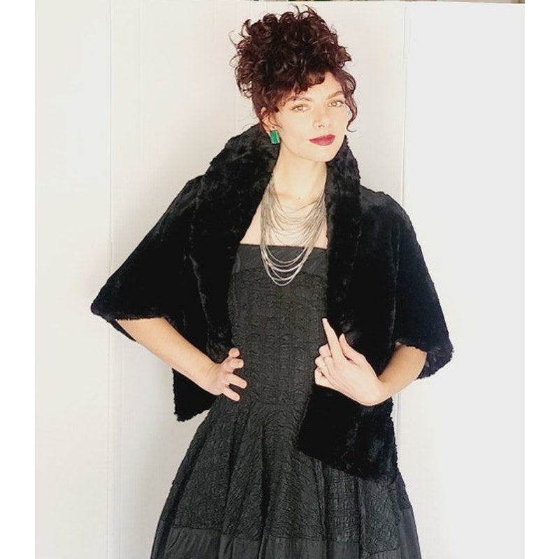 Vintage 50s Fur Shrug Wrap Black Rabbit Fur