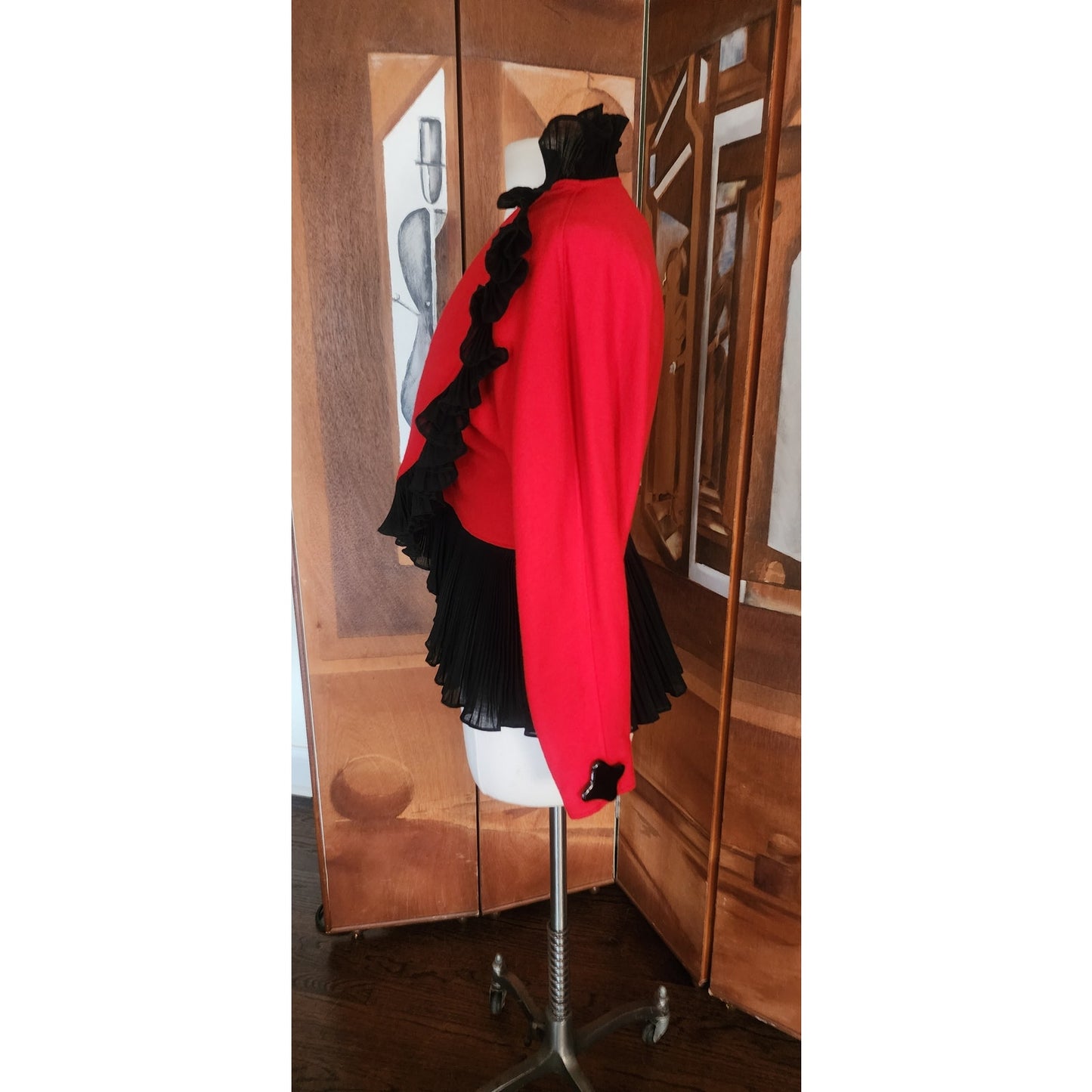 Vintage 1980s Jean Muir Jacket Red Black Ruffle Trim Evening Blazer