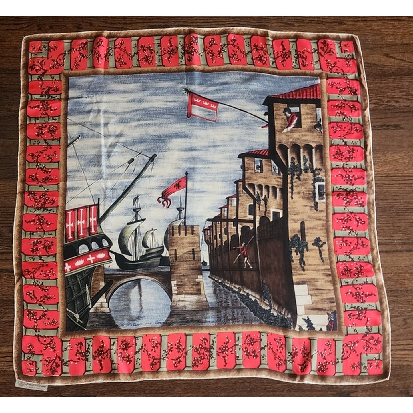 Vintage 1940s Silk Scarf Italian Renaissance Painting Venice Port Ships Carpaccio Marshall Field