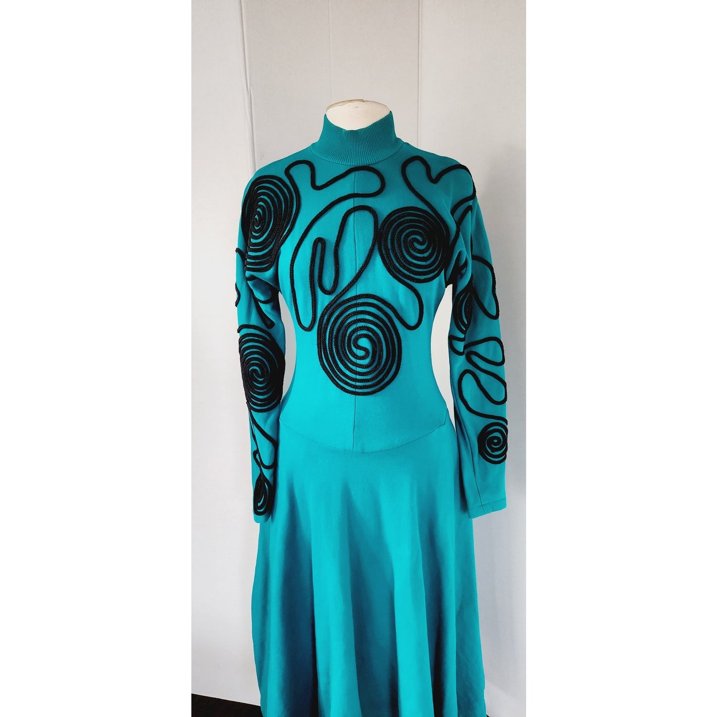 Vintage 80s Blue Dress Embroidered w/Black Spiral Coils by Be