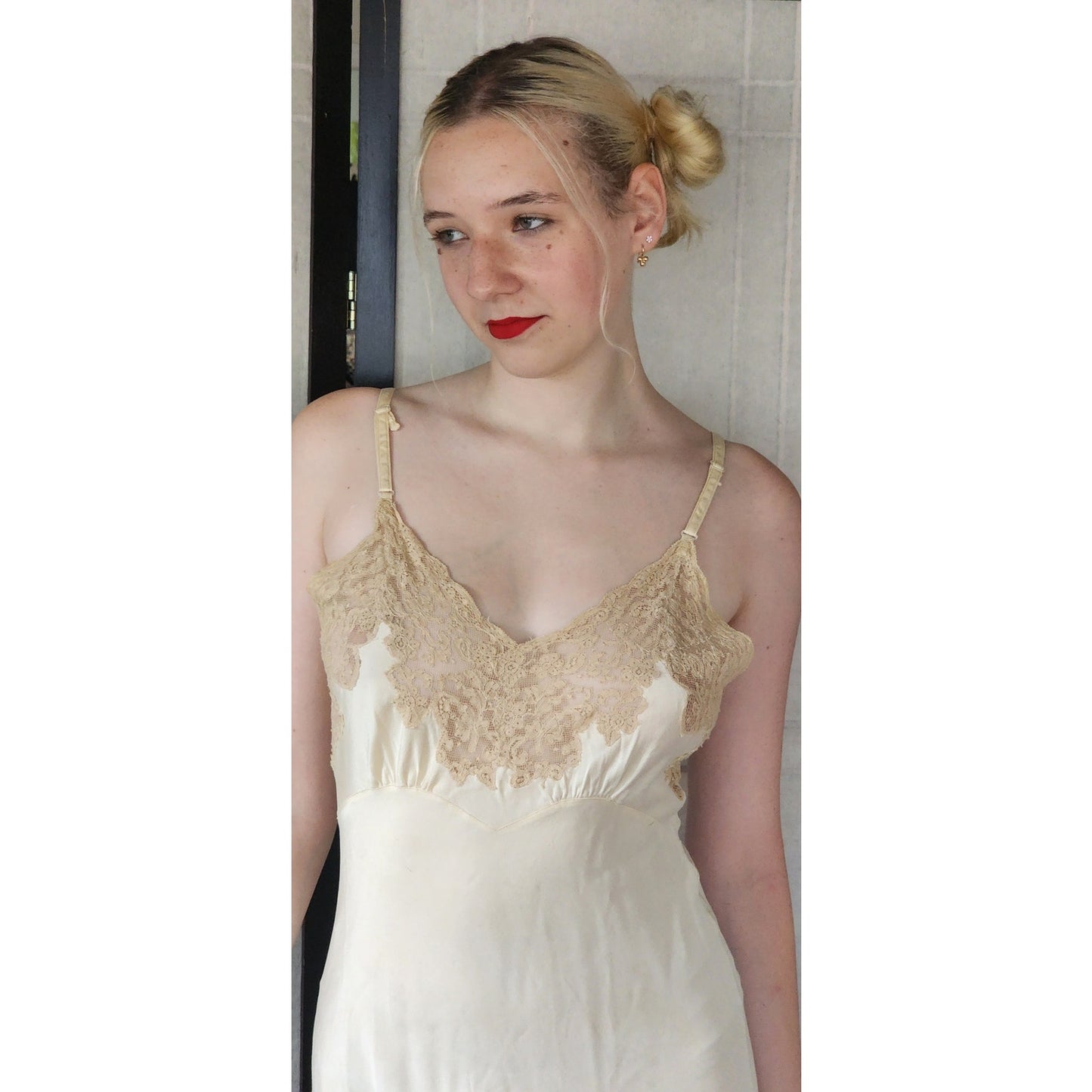 Vintage 30s Slip Dress Cream Silk Lace Bias Cut